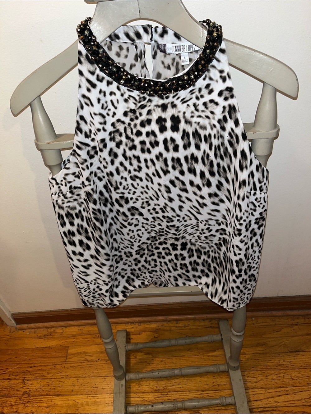 Jennifer Lopez Black & White Animal Print Beaded Halter Camisole